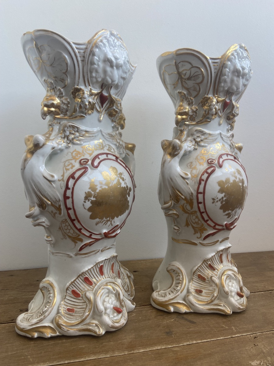 Pair Of Bridal Vases, Paris Porcelain, Large Model, France, 19th Century-photo-4