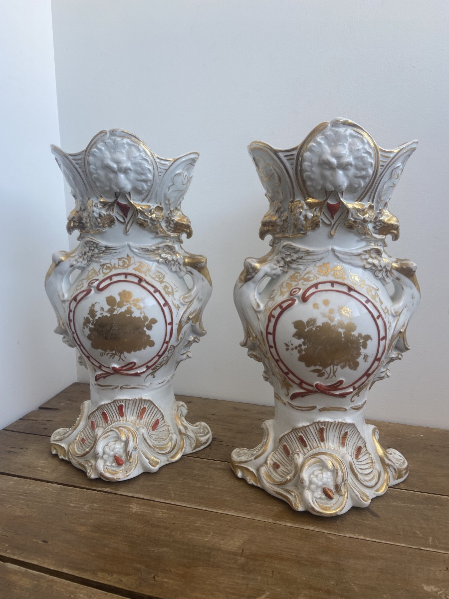 Pair Of Bridal Vases, Paris Porcelain, Large Model, France, 19th Century