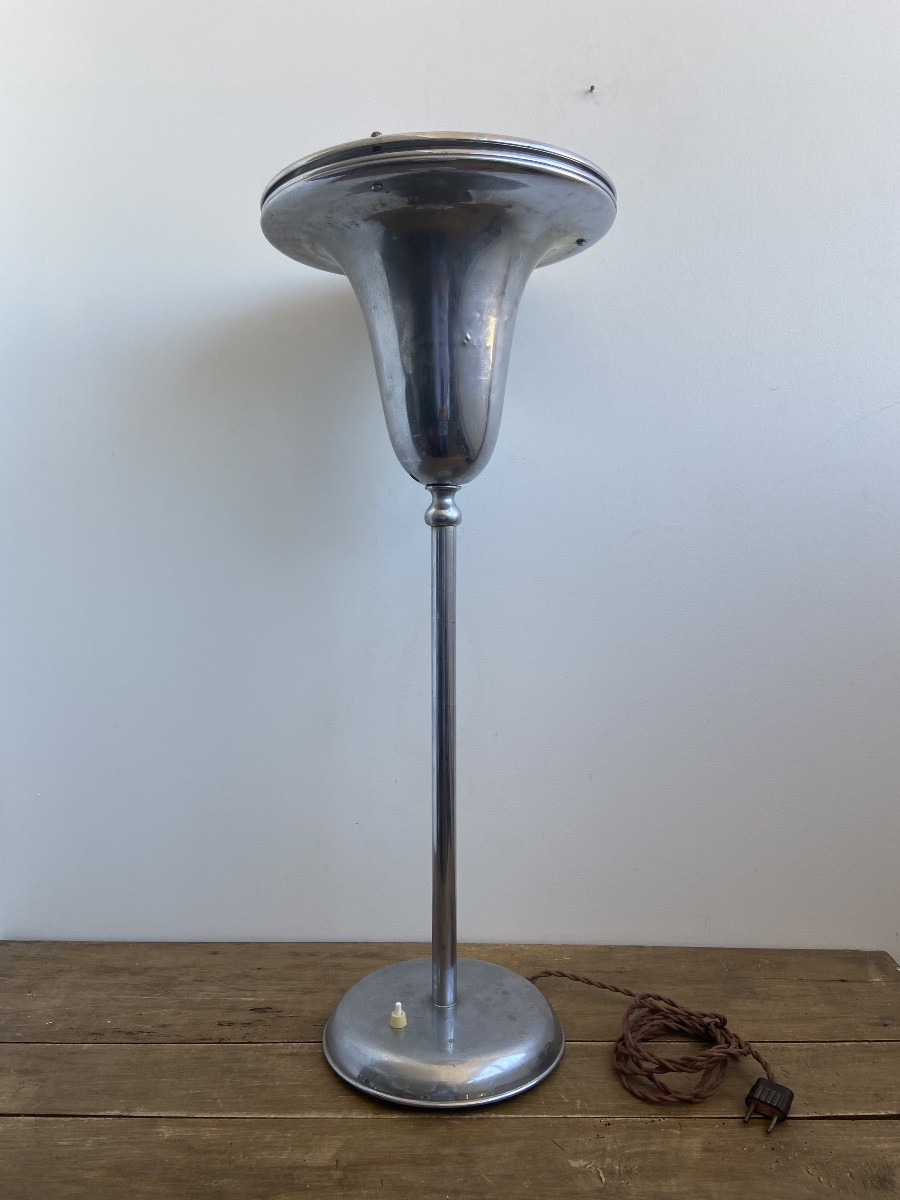 Torchiere Lamp, Nickel-plated Metal, Art Deco France 1940-photo-2