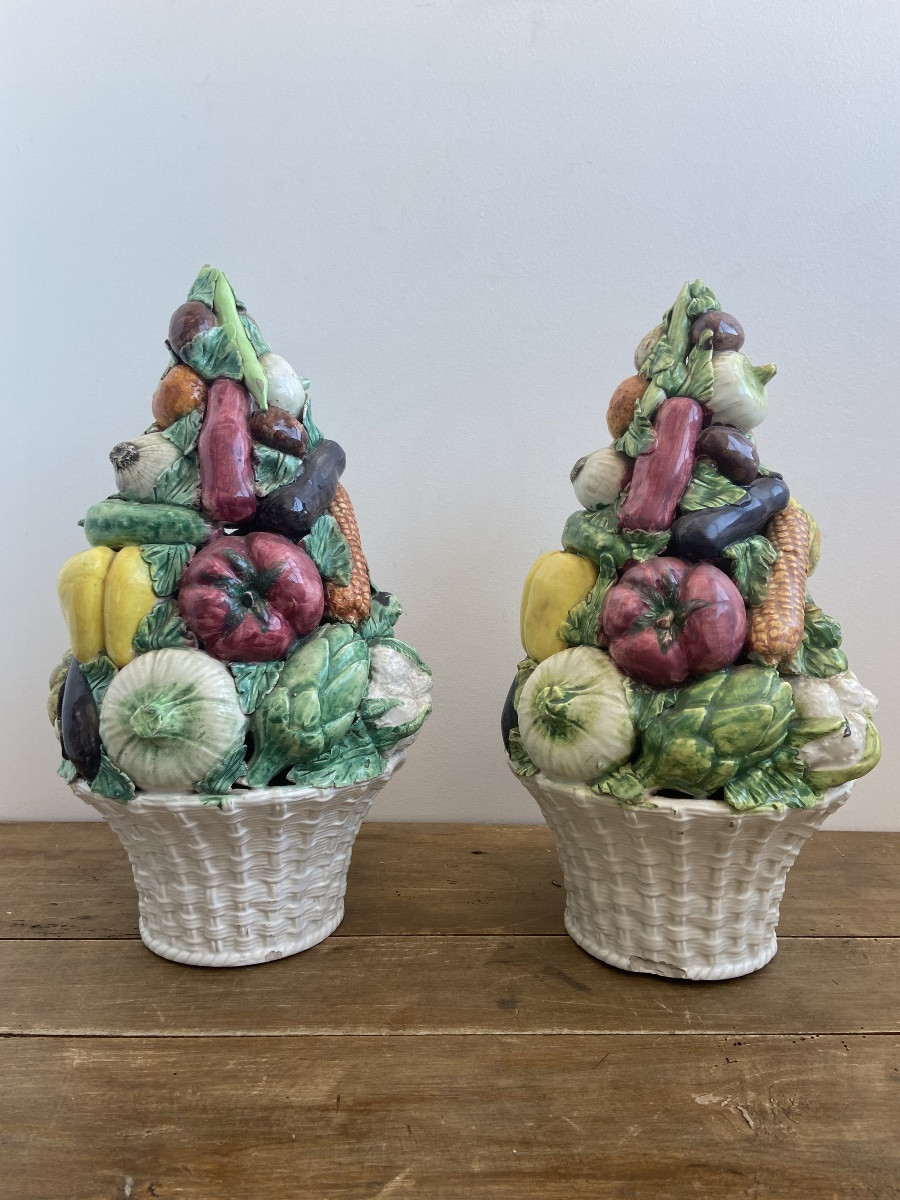 Paire de corbeille à légumes, faïence polychrome, Malicorne (?) France fin 19ème-photo-2