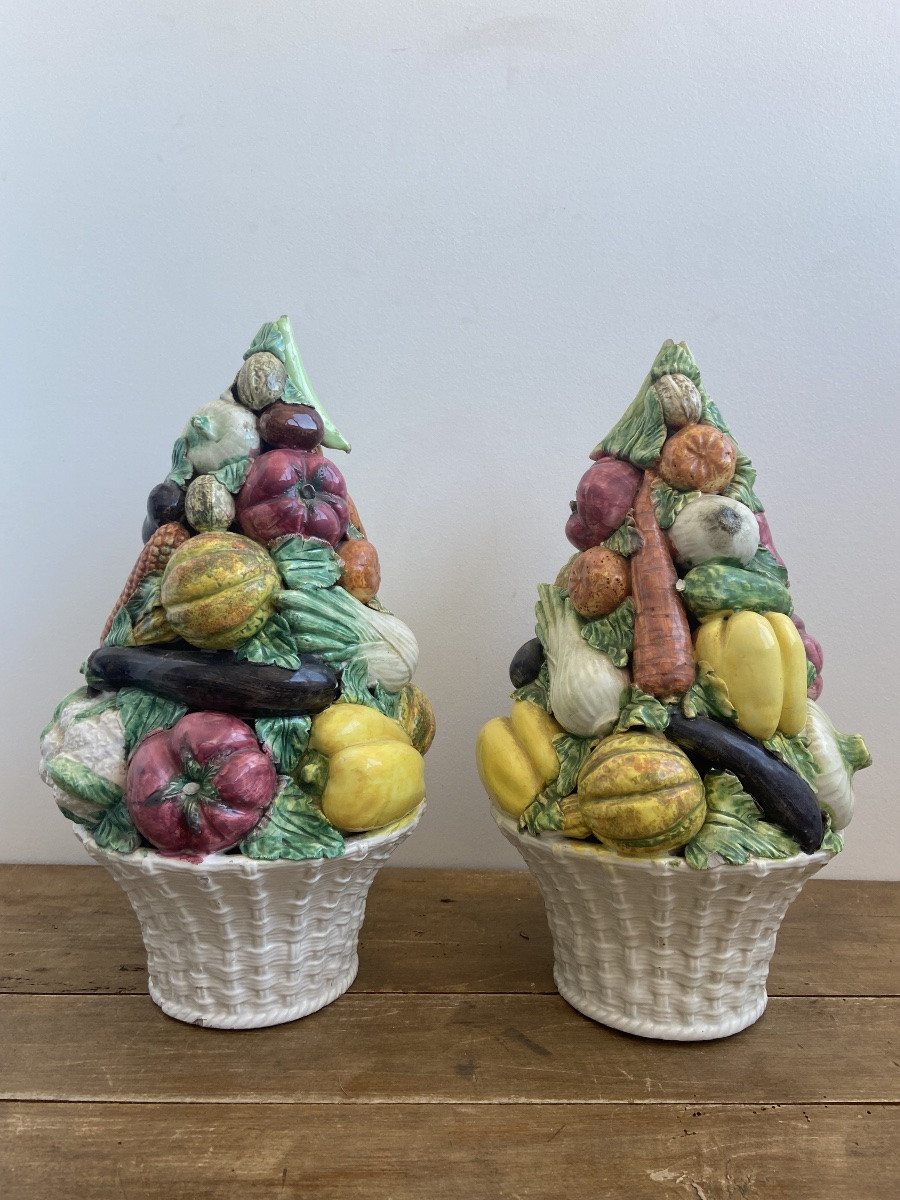 Paire de corbeille à légumes, faïence polychrome, Malicorne (?) France fin 19ème-photo-3