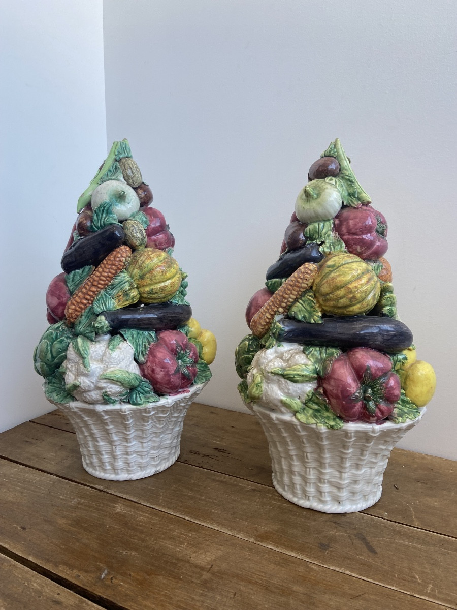 Paire de corbeille à légumes, faïence polychrome, Malicorne (?) France fin 19ème