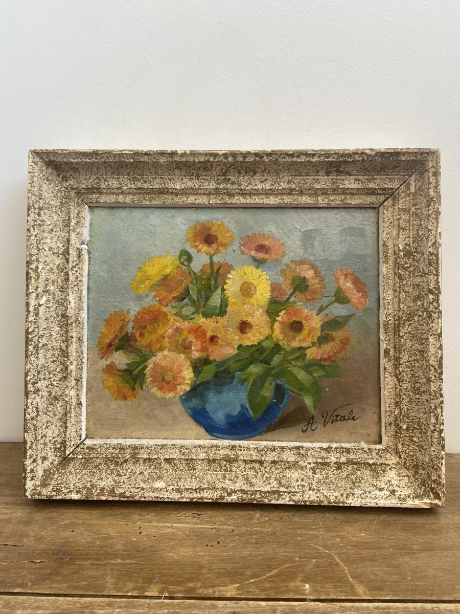 Huile sur panneau: Bouquet de fleurs, nature morte, France circa 1960-photo-2