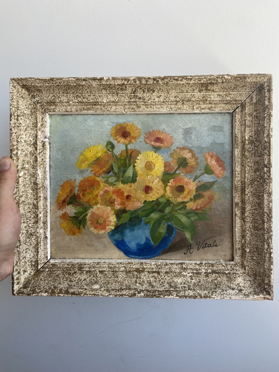Huile sur panneau: Bouquet de fleurs, nature morte, France circa 1960-photo-4