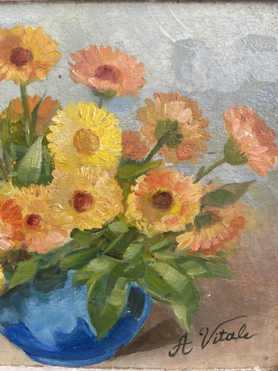 Huile sur panneau: Bouquet de fleurs, nature morte, France circa 1960-photo-1