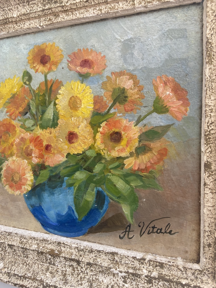 Huile sur panneau: Bouquet de fleurs, nature morte, France circa 1960-photo-2