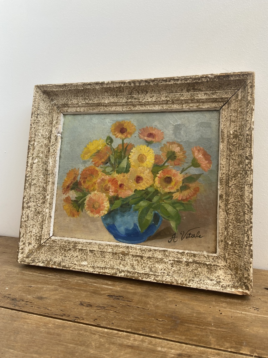 Huile sur panneau: Bouquet de fleurs, nature morte, France circa 1960