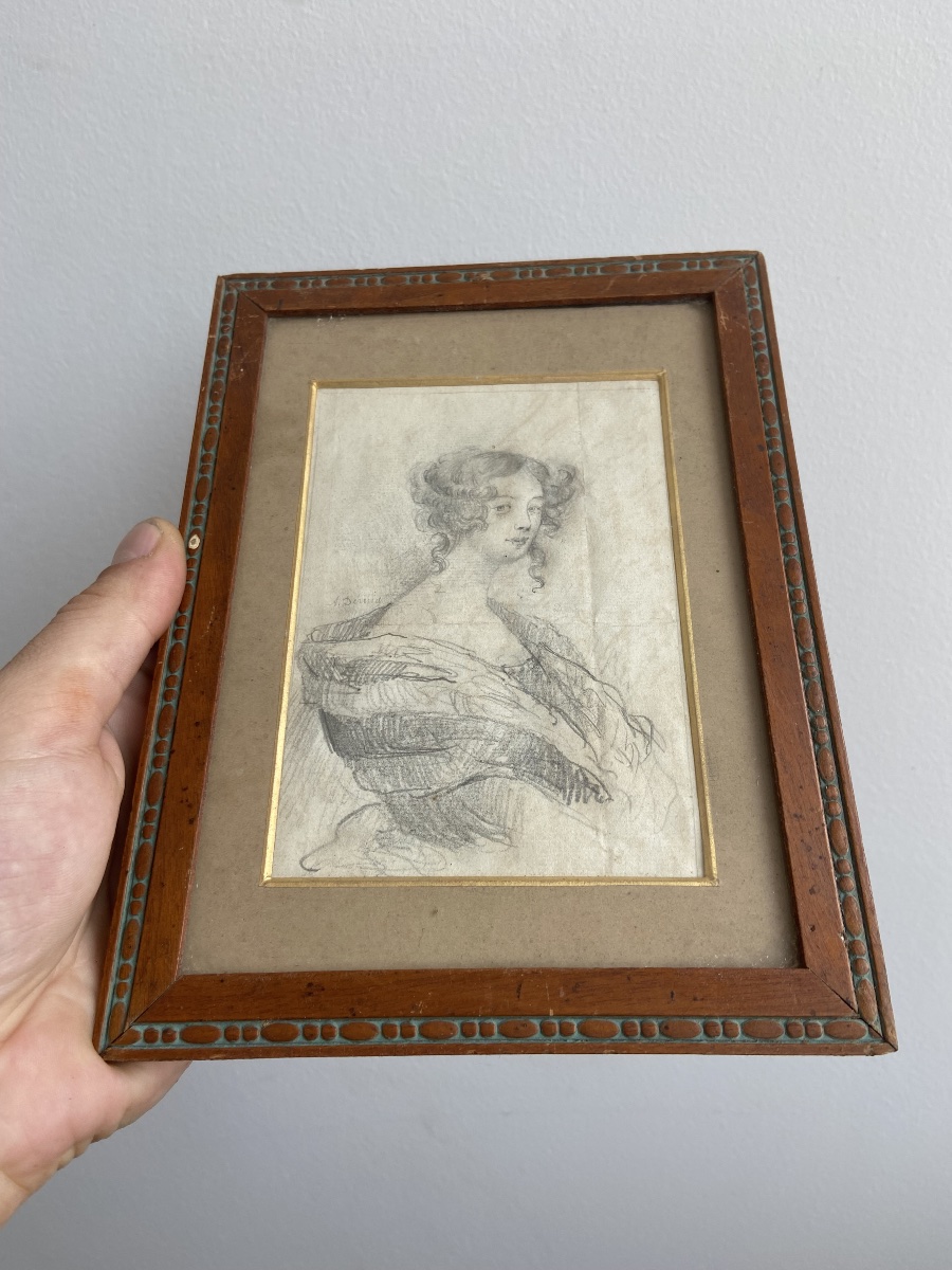 Pencil Drawing Of An Elegant Woman, France 19th Century-photo-3