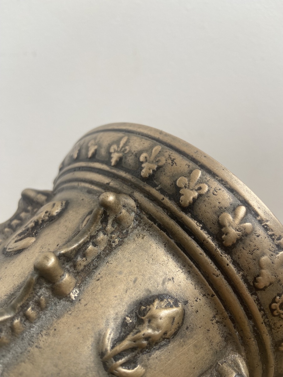 Mortier d’apothicaire en bronze, fleurs de lys, France 18ème-photo-2