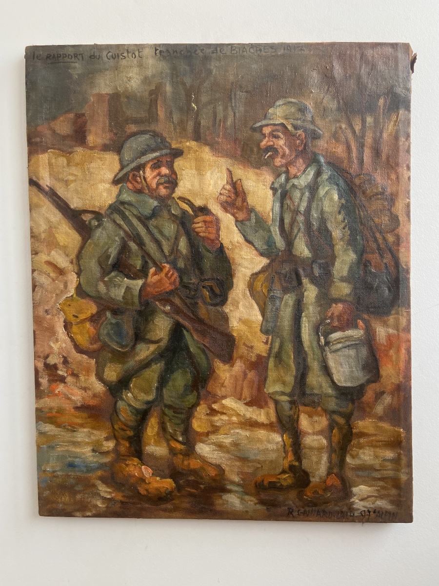Oil On Canvas: « le Rapport Du Cuistot », Wwi Trenches, France-photo-2