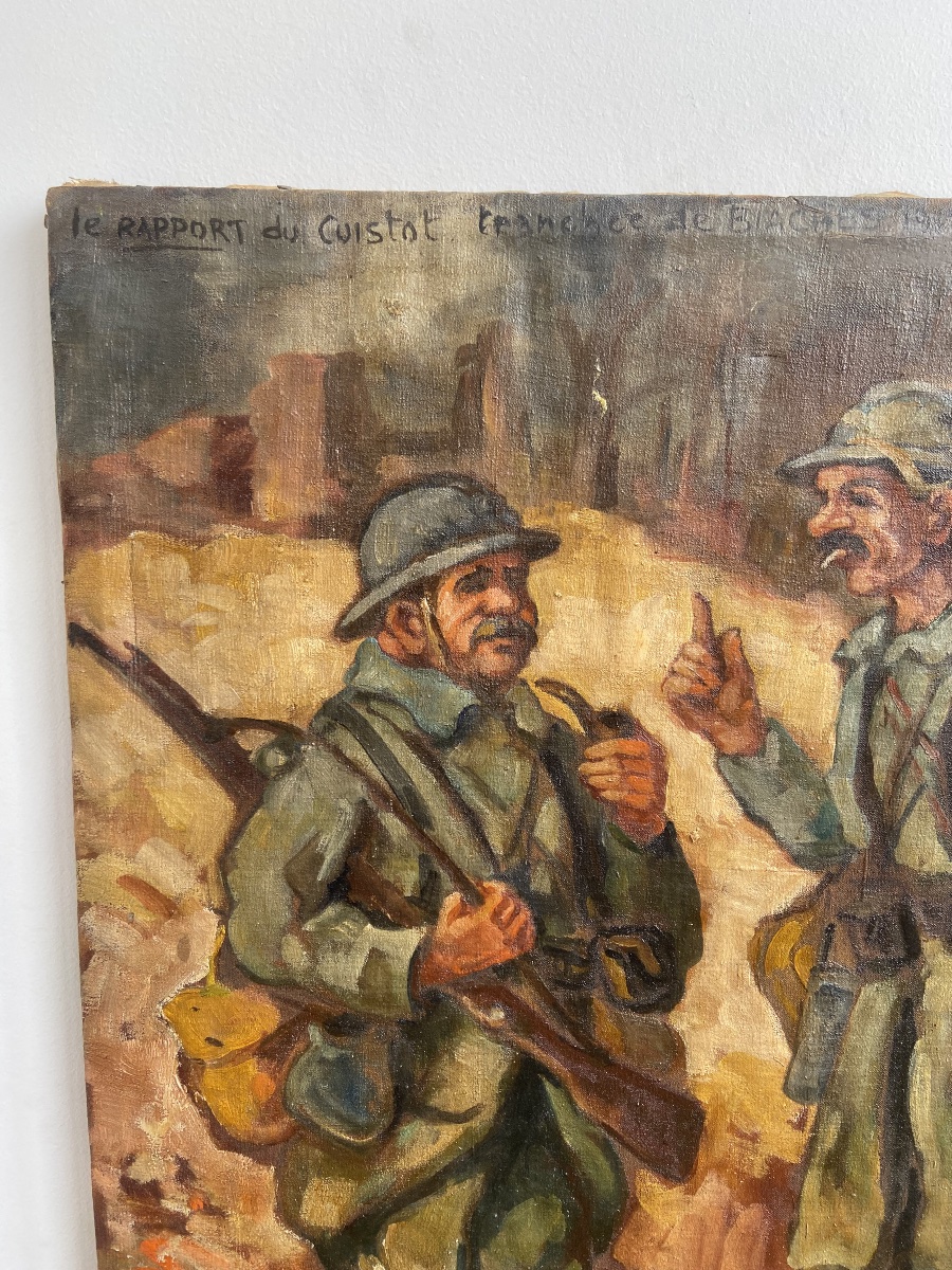 Oil On Canvas: « le Rapport Du Cuistot », Wwi Trenches, France-photo-3