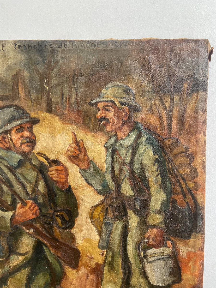 Oil On Canvas: « le Rapport Du Cuistot », Wwi Trenches, France-photo-4