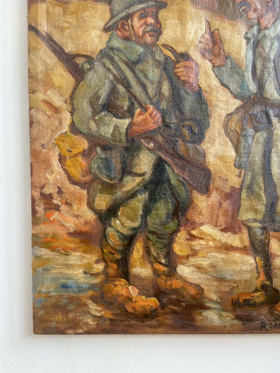 Oil On Canvas: « le Rapport Du Cuistot », Wwi Trenches, France-photo-1