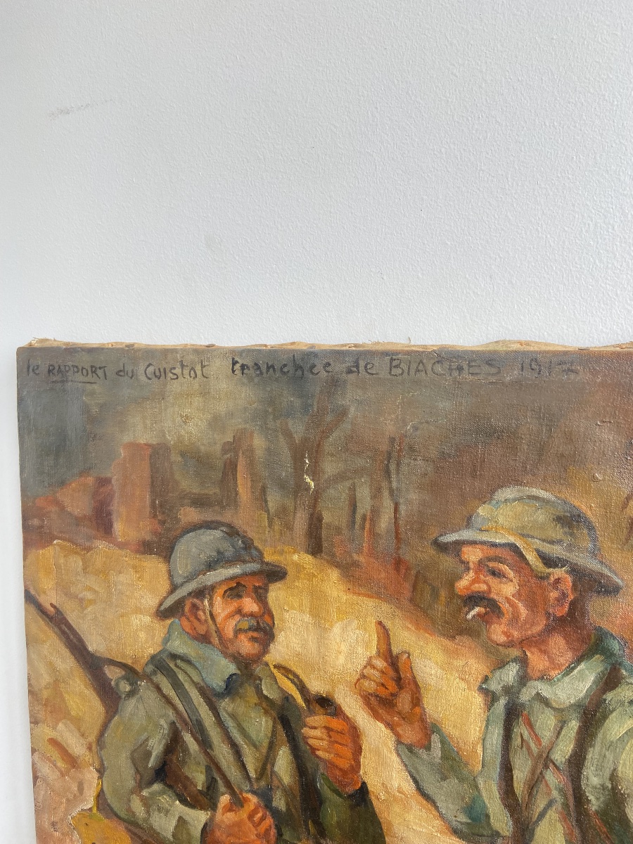 Oil On Canvas: « le Rapport Du Cuistot », Wwi Trenches, France-photo-3