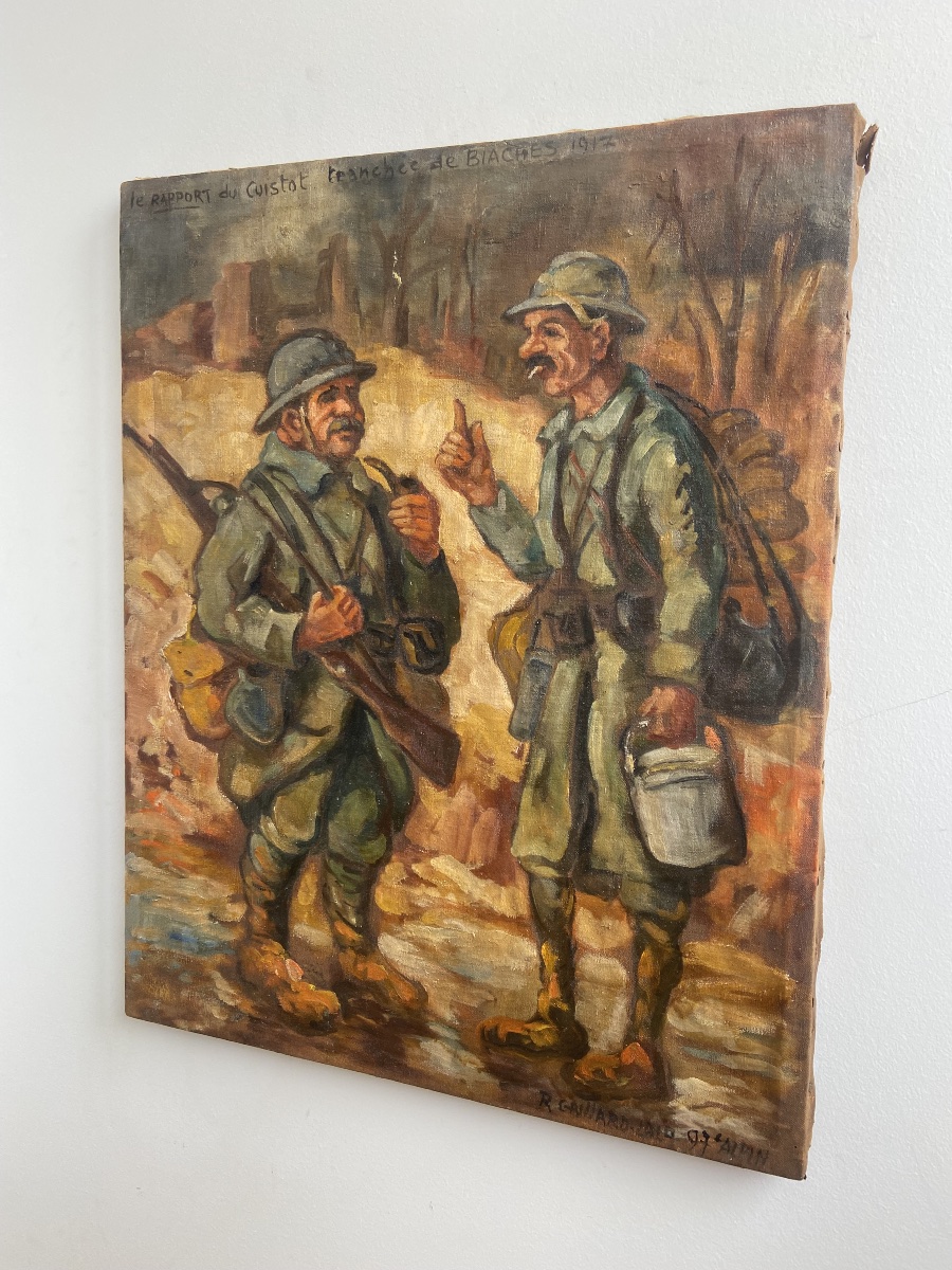 Oil On Canvas: « le Rapport Du Cuistot », Wwi Trenches, France-photo-5