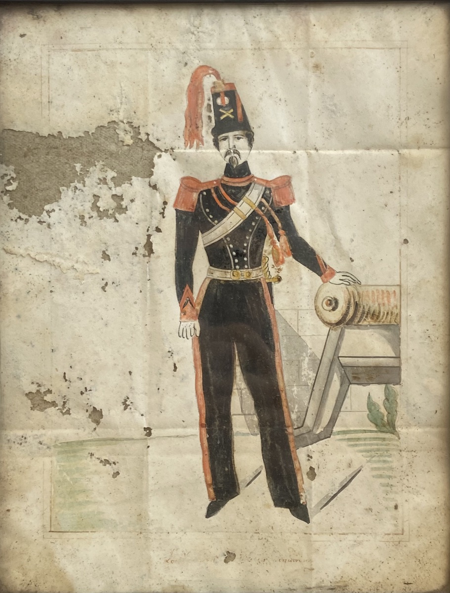 Watercolor, Portrait Of An Artillery Nco Second Empire, France 19th Century Second Empire-photo-2