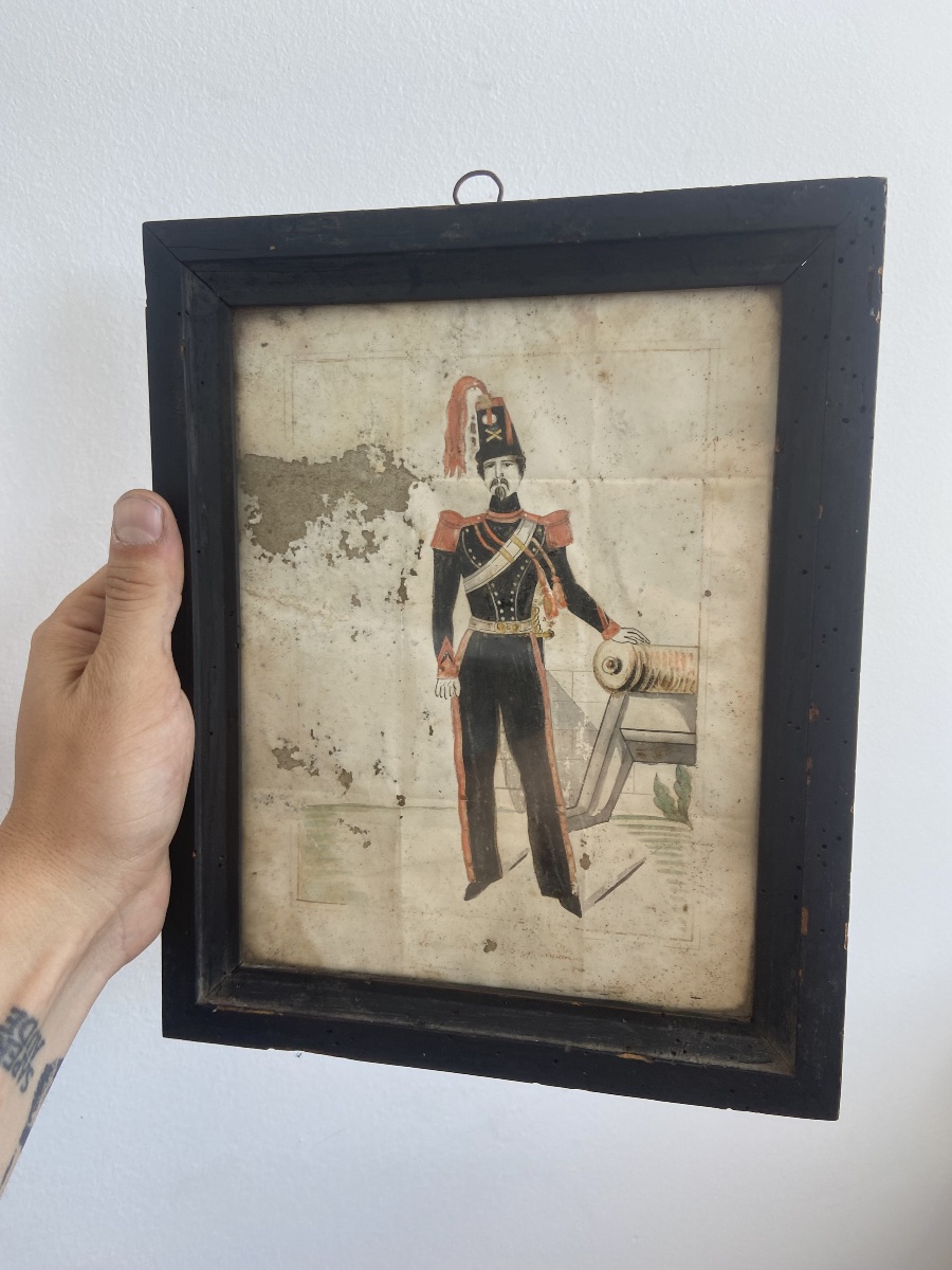 Watercolor, Portrait Of An Artillery Nco Second Empire, France 19th Century Second Empire-photo-3