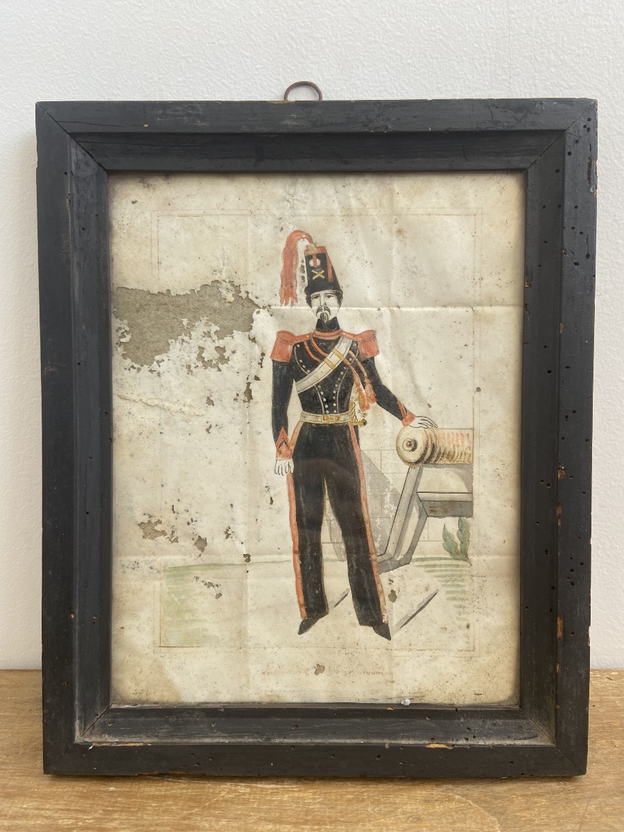 Watercolor, Portrait Of An Artillery Nco Second Empire, France 19th Century Second Empire