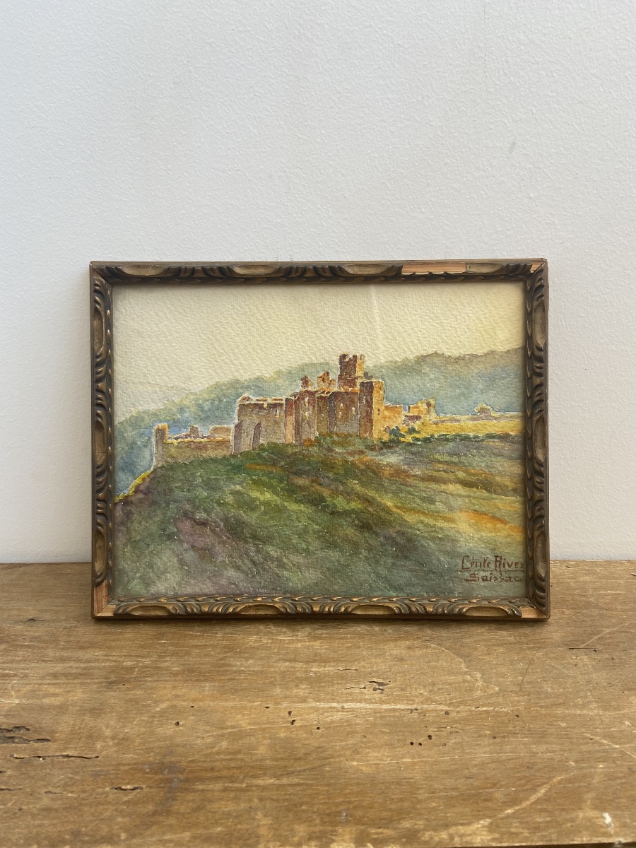 Aquarelle, Soleil couchant sur les ruines d’un château, Cécile Rives (1880-1956), France circa -photo-2