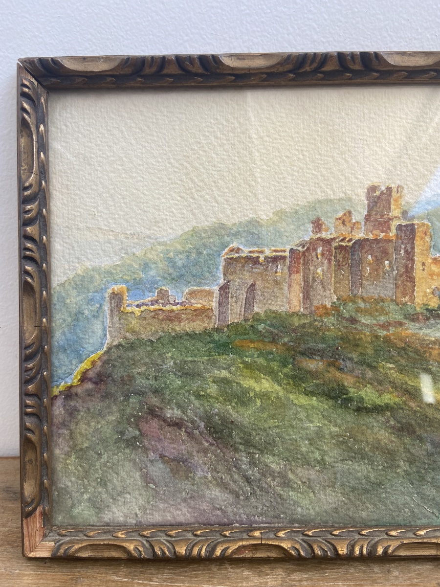 Aquarelle, Soleil couchant sur les ruines d’un château, Cécile Rives (1880-1956), France circa -photo-3