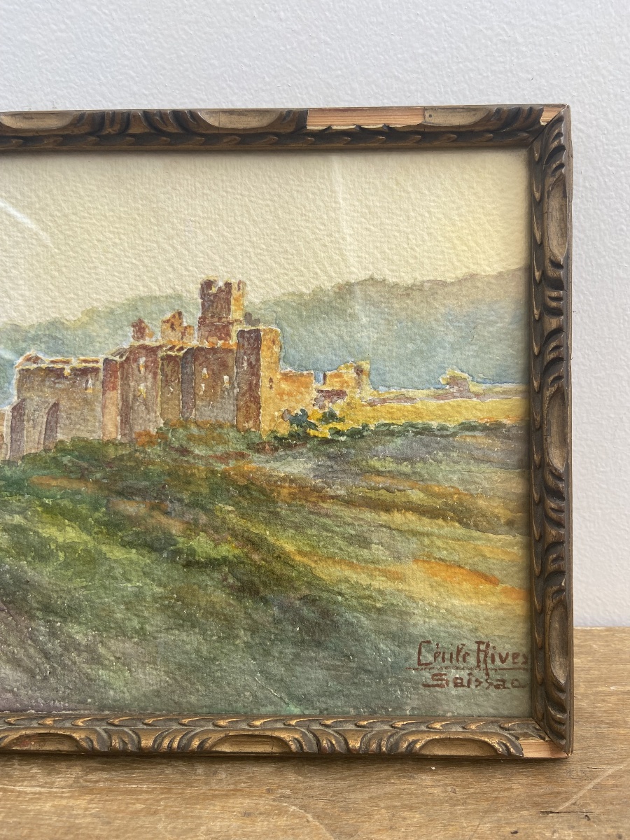 Aquarelle, Soleil couchant sur les ruines d’un château, Cécile Rives (1880-1956), France circa -photo-4