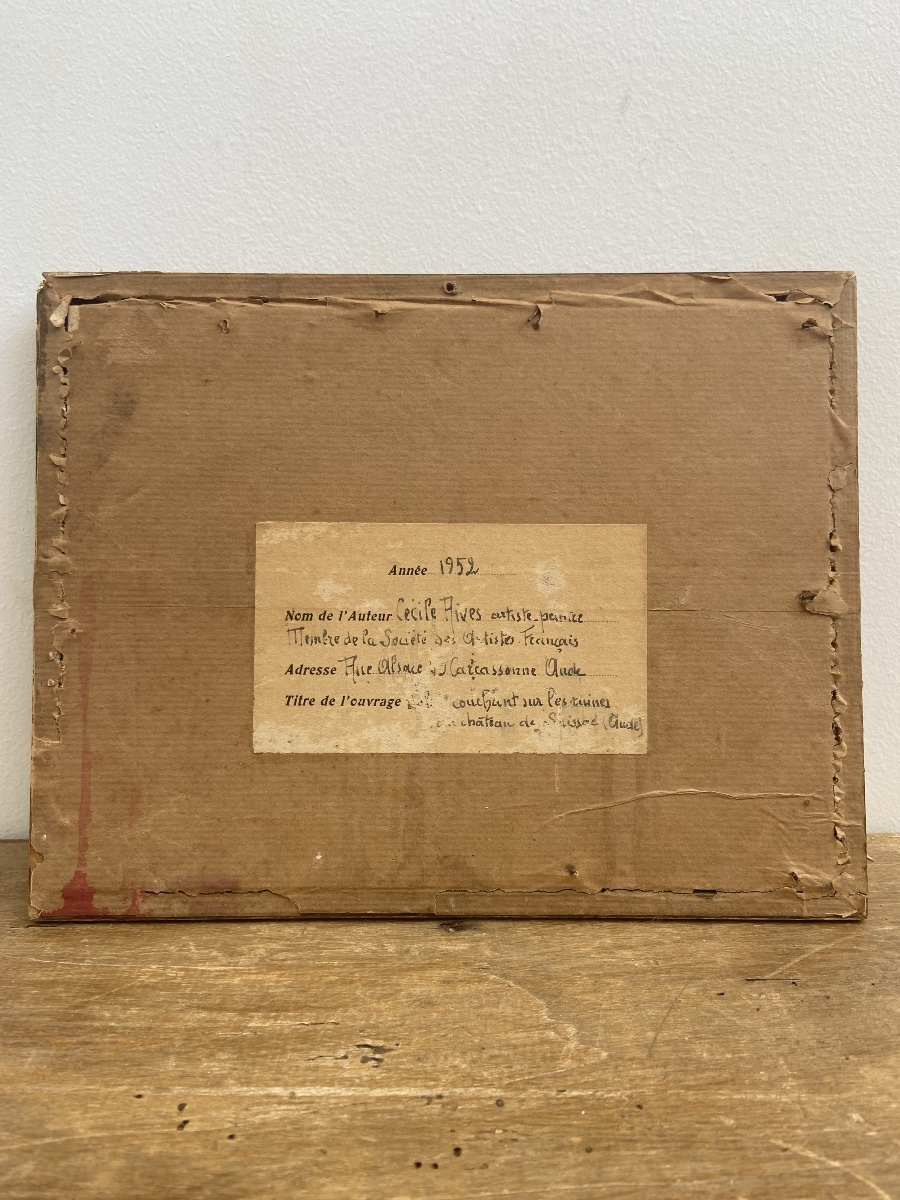 Aquarelle, Soleil couchant sur les ruines d’un château, Cécile Rives (1880-1956), France circa -photo-2
