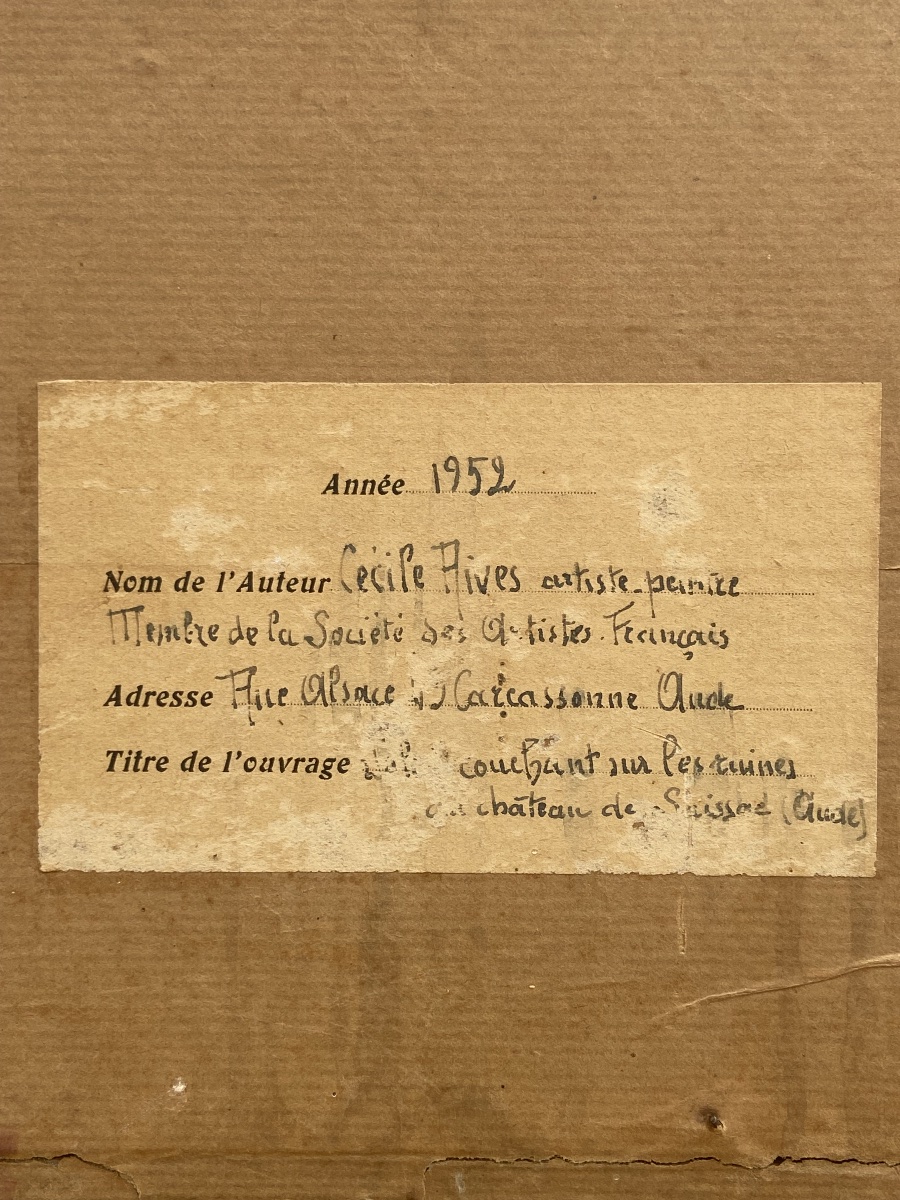 Aquarelle, Soleil couchant sur les ruines d’un château, Cécile Rives (1880-1956), France circa -photo-3