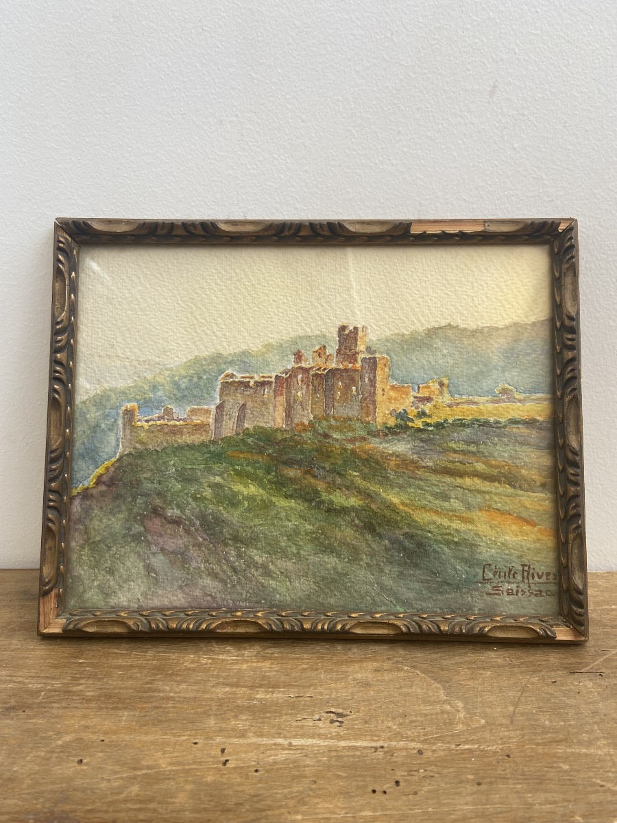 Aquarelle, Soleil couchant sur les ruines d’un château, Cécile Rives (1880-1956), France circa 