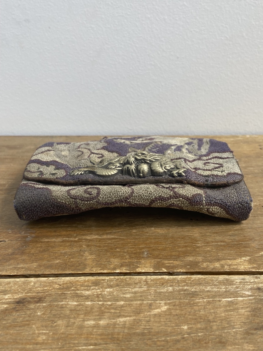 Tabako-Ire, Blague à tabac à décor de dragon, cuir argent broderie de soie, Japon ère Edo/Meiji-photo-4