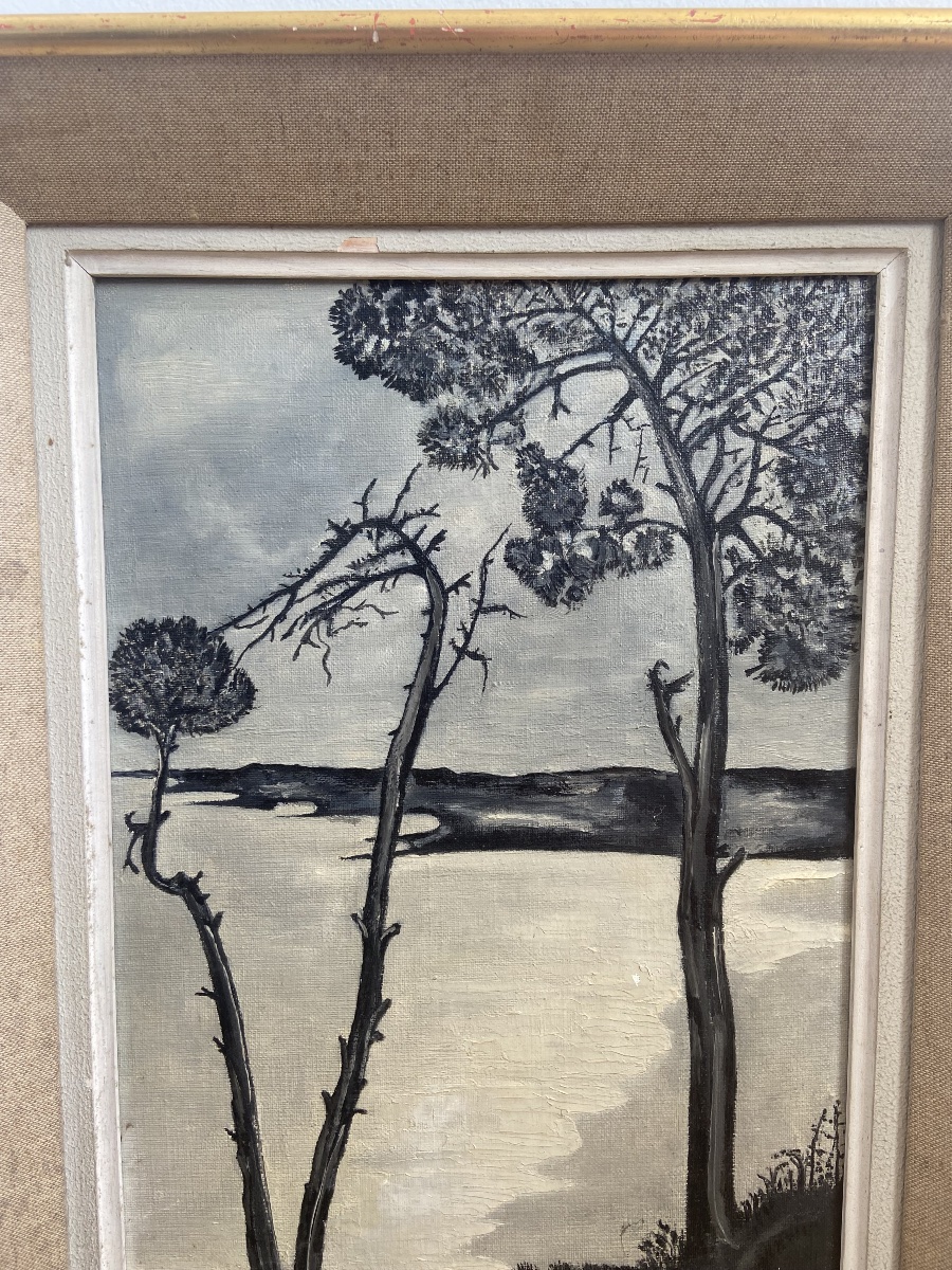 Oil On Canvas: Gray Sky Over The Dune, Biscarrosse, Landes, D. Guichard, France, 1960-photo-2