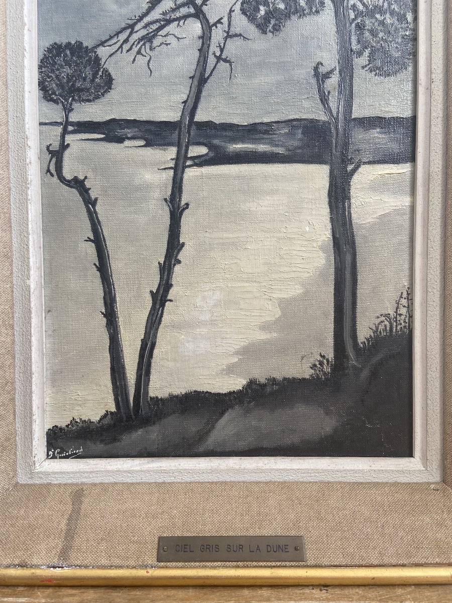 Oil On Canvas: Gray Sky Over The Dune, Biscarrosse, Landes, D. Guichard, France, 1960-photo-3