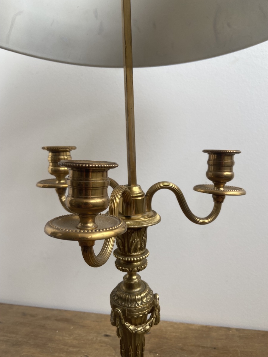 Lampe bouillotte, bronze et tôle, trois feux, de style Louis XVI, France 20ème-photo-3
