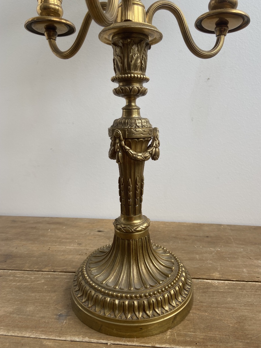 Lampe bouillotte, bronze et tôle, trois feux, de style Louis XVI, France 20ème-photo-4