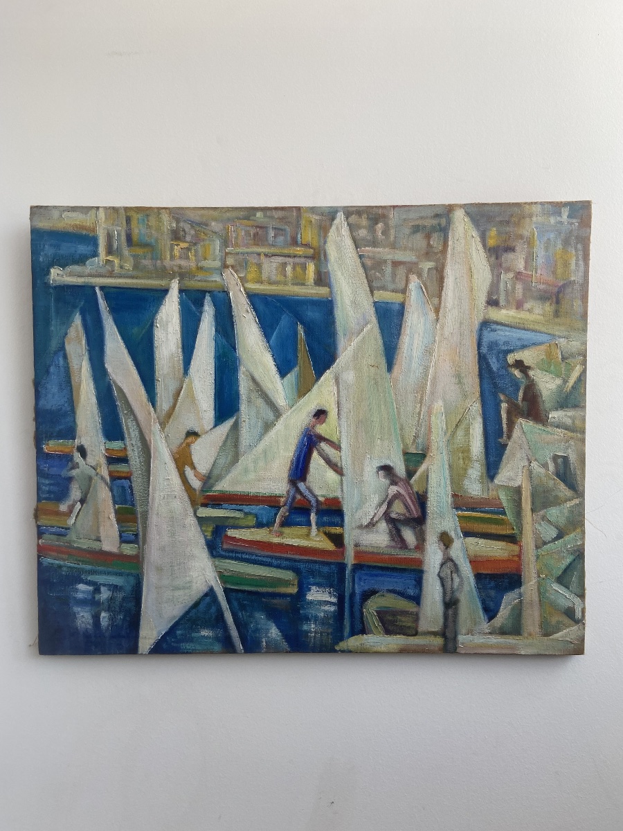 Huile sur toile: Vue d’un port animé, Cubiste École de Séte-photo-2