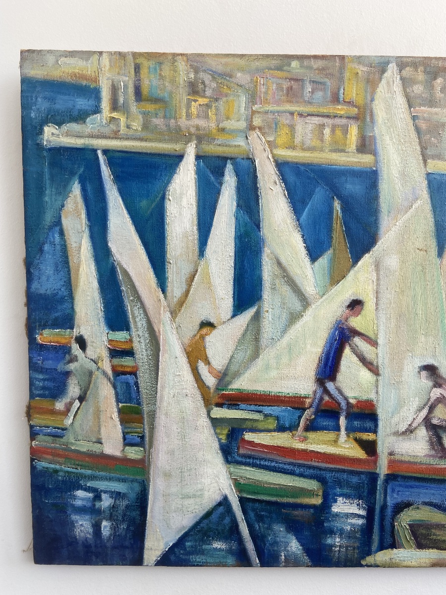 Huile sur toile: Vue d’un port animé, Cubiste École de Séte-photo-3