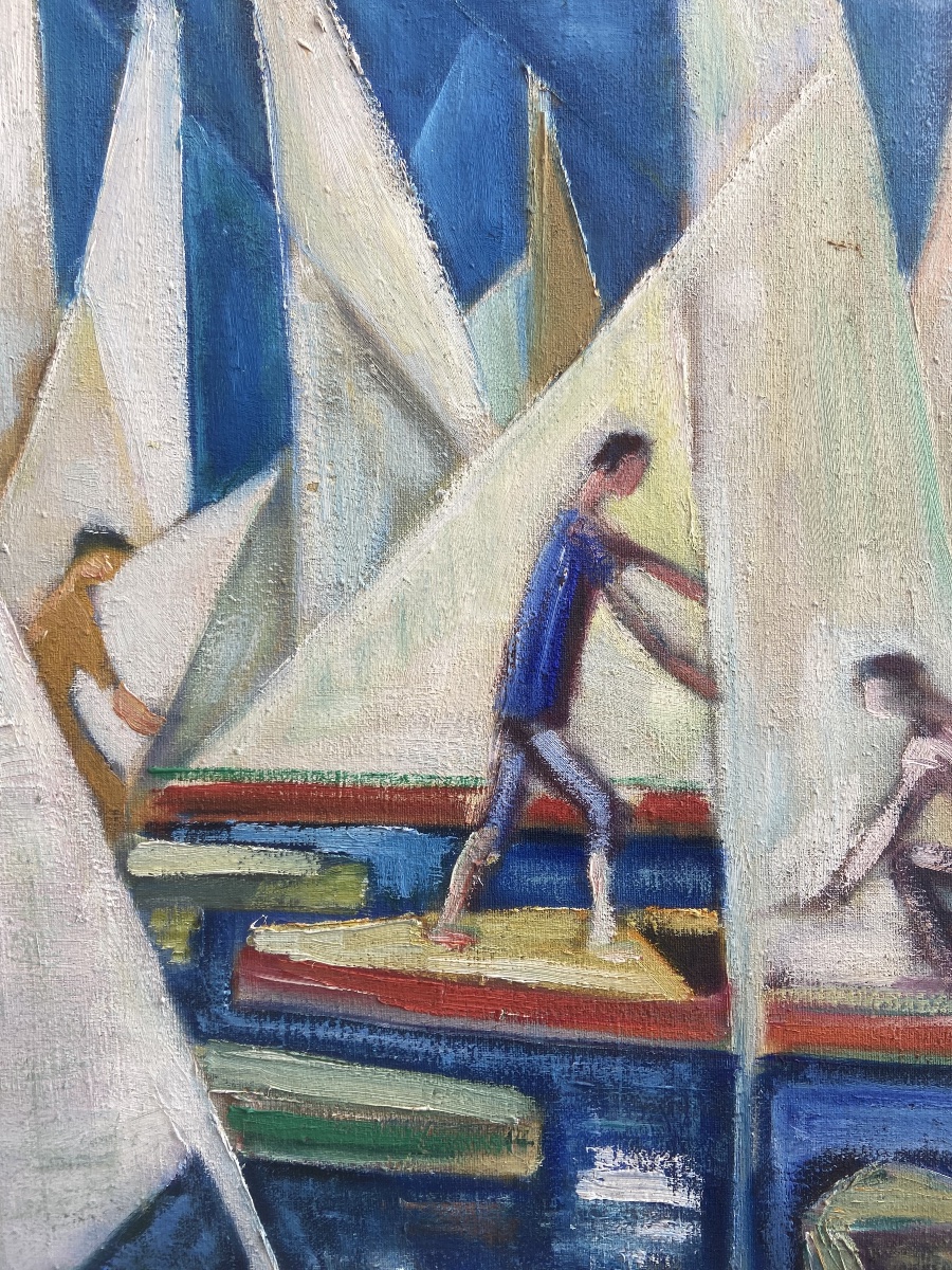 Huile sur toile: Vue d’un port animé, Cubiste École de Séte-photo-1