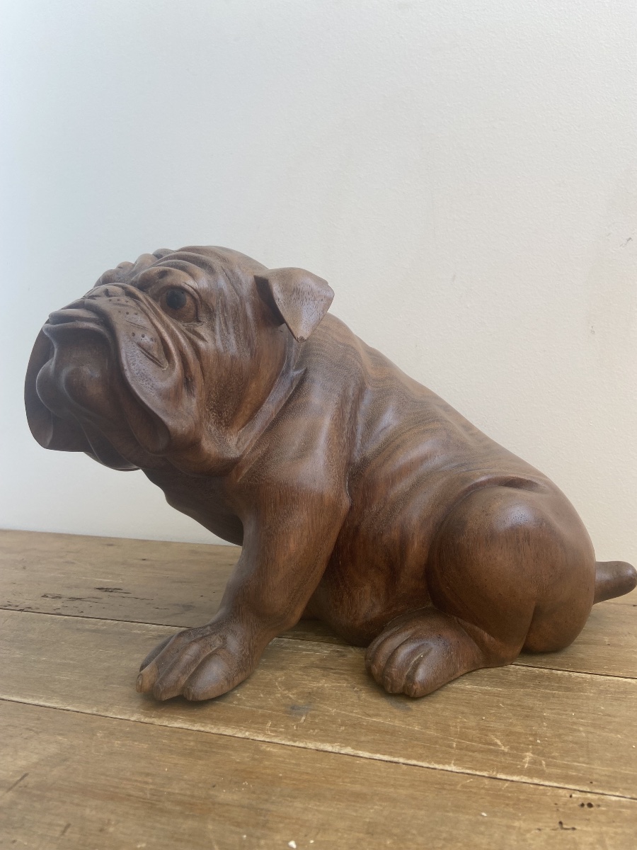 English Bulldog, Made Of A Single Piece Of Wood, 20th-century Animal Sculpture-photo-2
