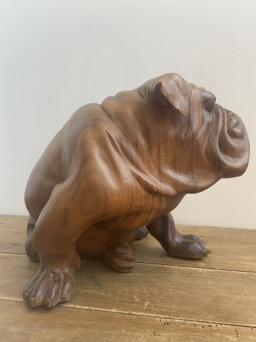 English Bulldog, Made Of A Single Piece Of Wood, 20th-century Animal Sculpture-photo-3
