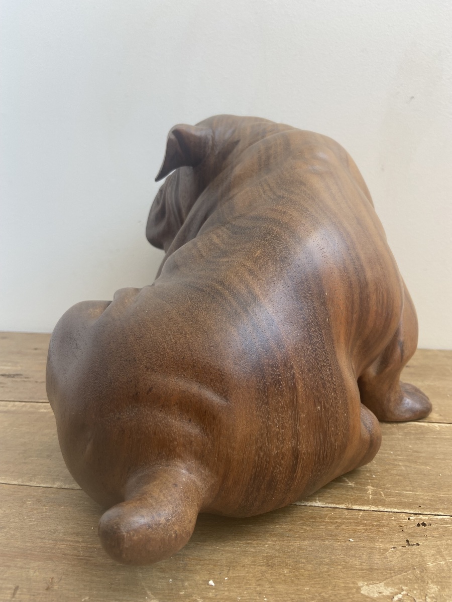 English Bulldog, Made Of A Single Piece Of Wood, 20th-century Animal Sculpture-photo-4