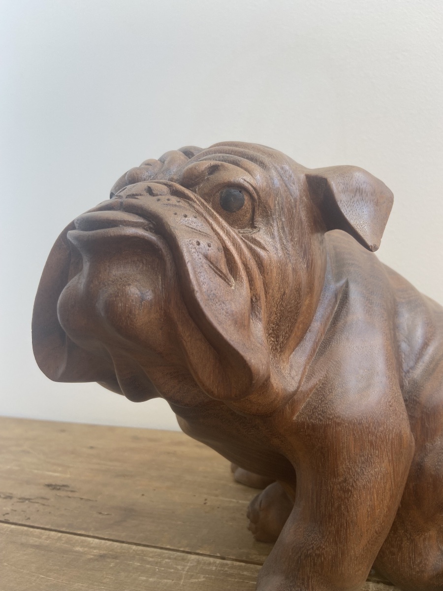 English Bulldog, Made Of A Single Piece Of Wood, 20th-century Animal Sculpture-photo-1