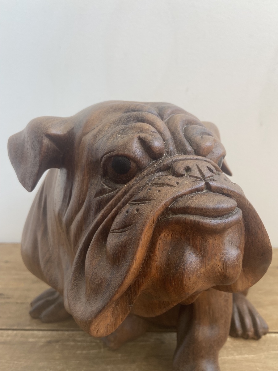 English Bulldog, Made Of A Single Piece Of Wood, 20th-century Animal Sculpture-photo-2