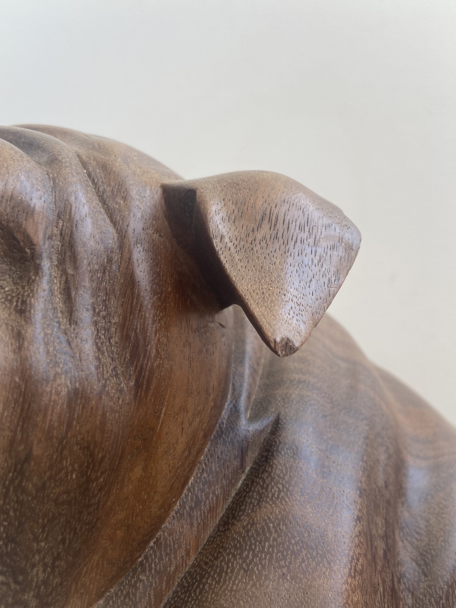 English Bulldog, Made Of A Single Piece Of Wood, 20th-century Animal Sculpture-photo-5