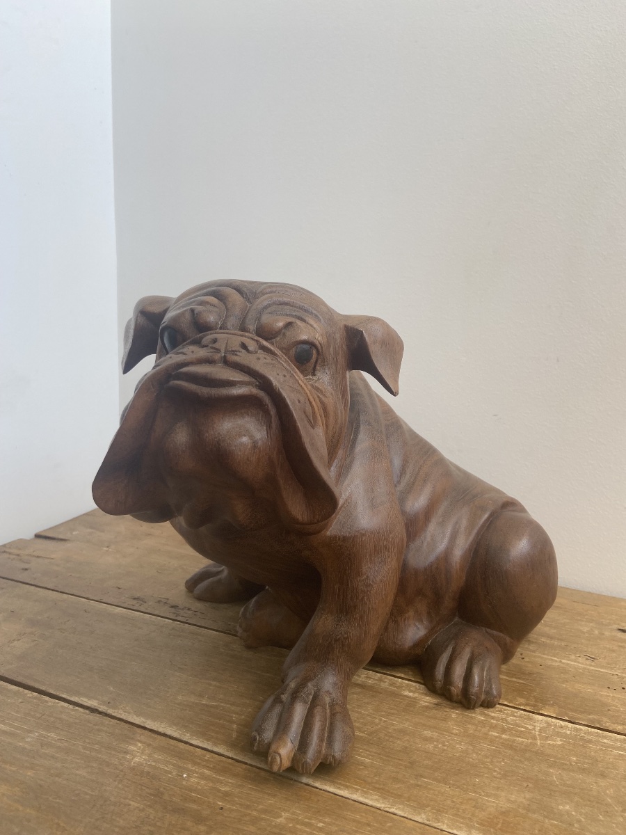 English Bulldog, Made Of A Single Piece Of Wood, 20th-century Animal Sculpture