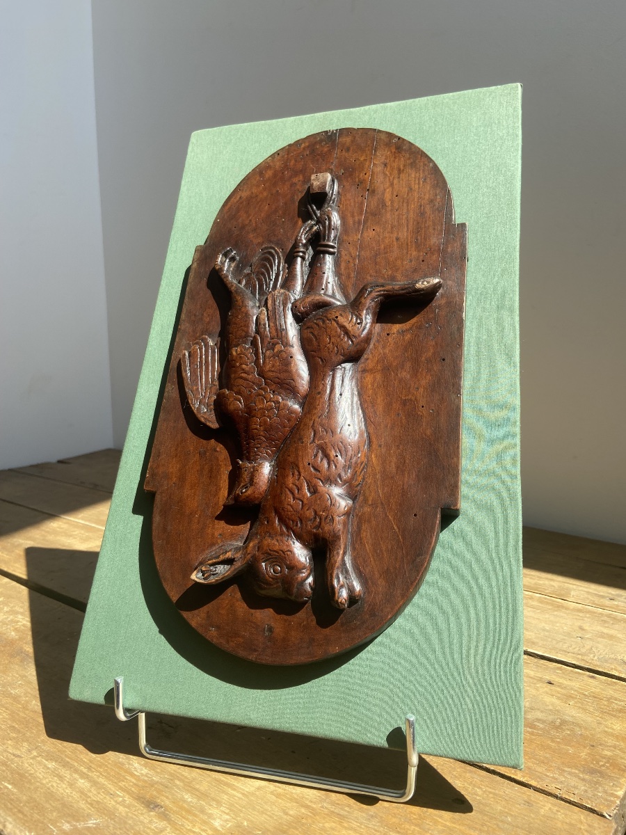 Hunting Trophy, Hare And Partridge, Single-wood Panel, Black Forest (?) 19th Century