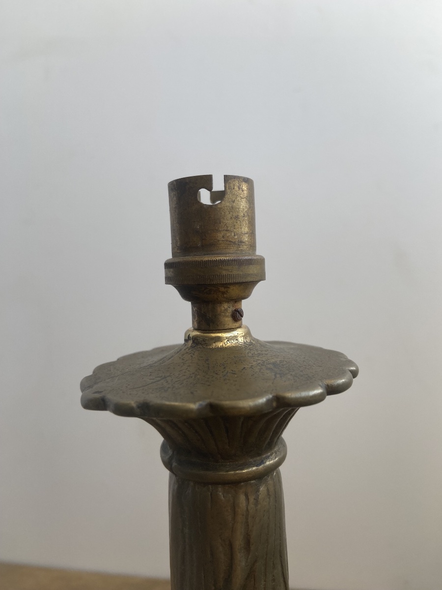 Art Nouveau: Pied de lampe aux nénuphars, bronze à patine médaille-photo-2