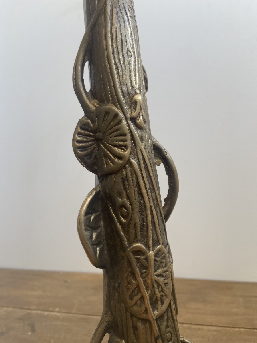 Art Nouveau: Pied de lampe aux nénuphars, bronze à patine médaille-photo-3