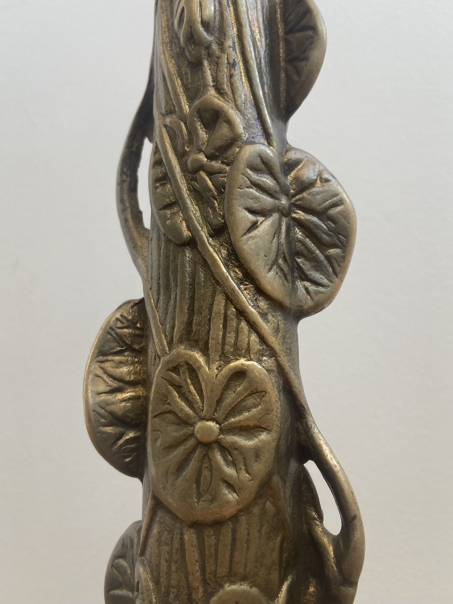 Art Nouveau: Pied de lampe aux nénuphars, bronze à patine médaille-photo-2