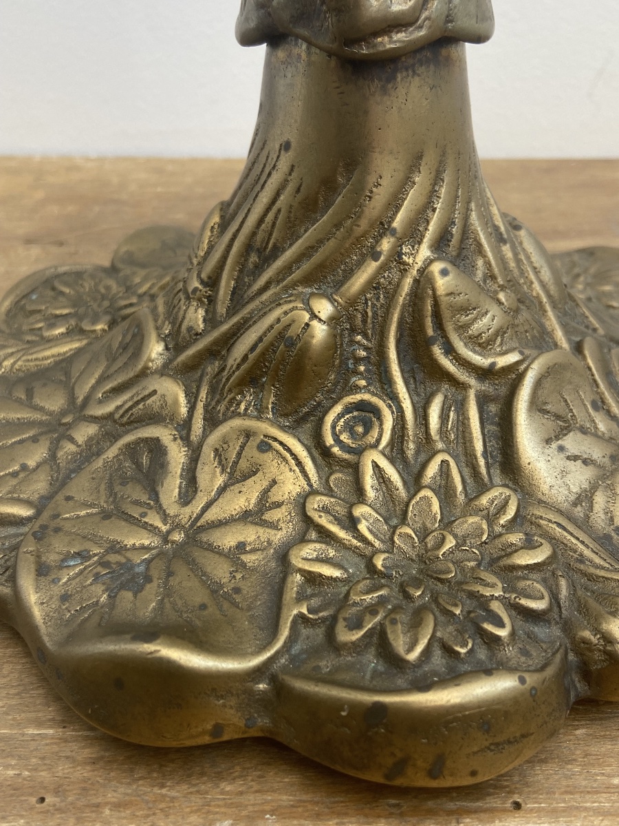 Art Nouveau: Pied de lampe aux nénuphars, bronze à patine médaille-photo-3