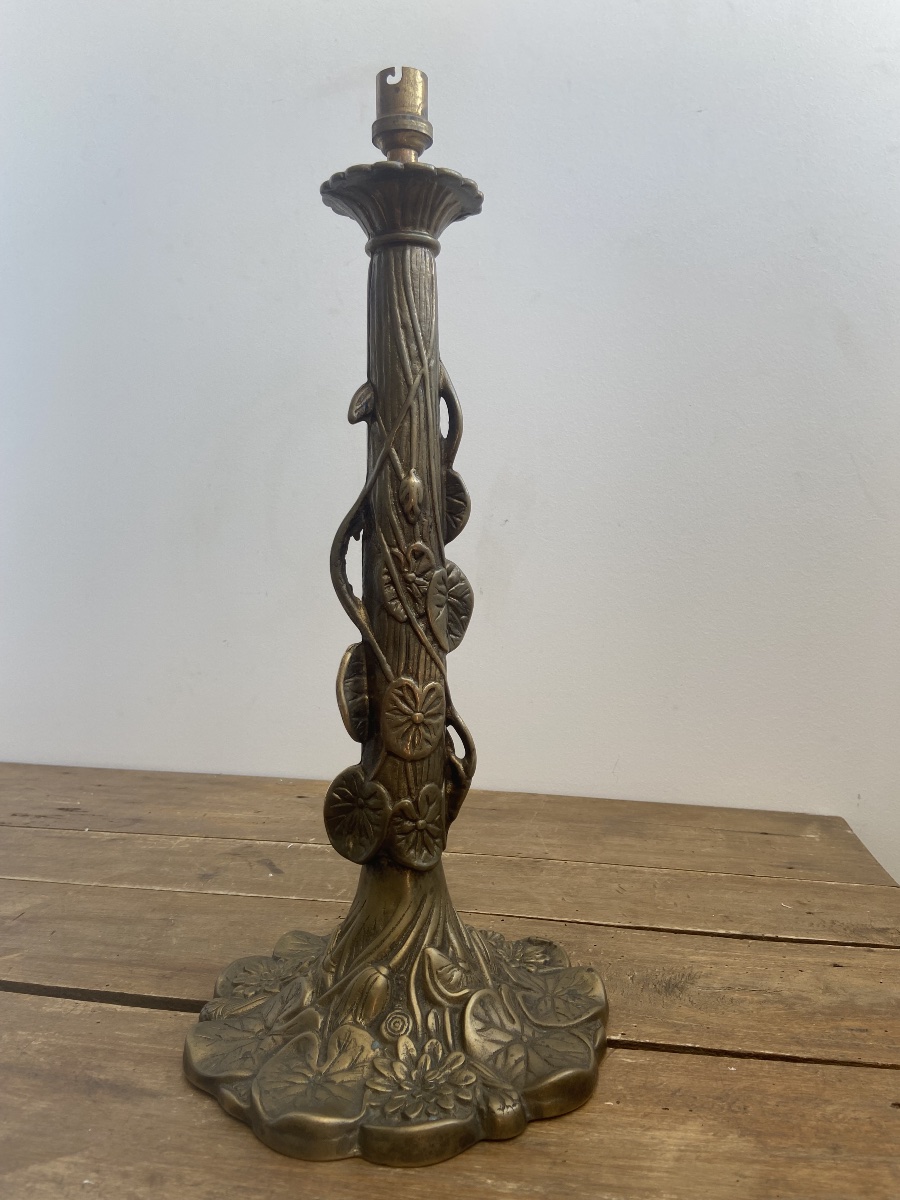 Art Nouveau: Pied de lampe aux nénuphars, bronze à patine médaille-photo-4