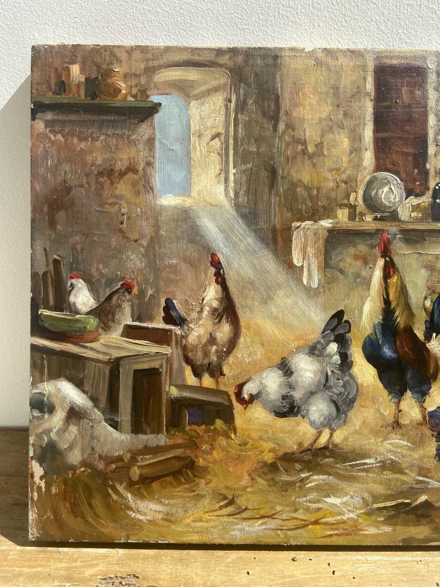 Oil On Canvas: Rooster In A Farmyard, Rural Scene, France, 20th Century-photo-2